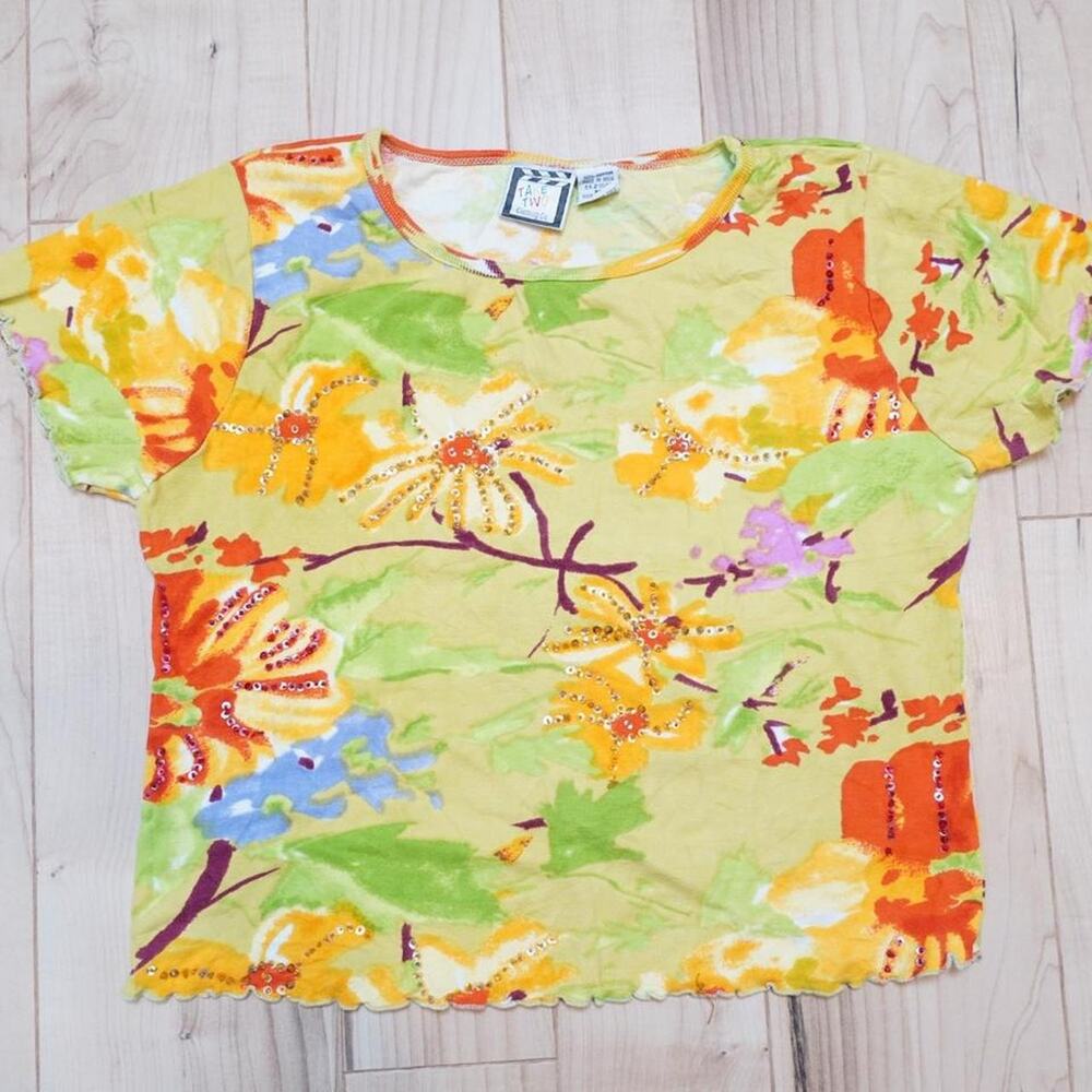 Take Two Floral Rhinestone Top XL Y2K